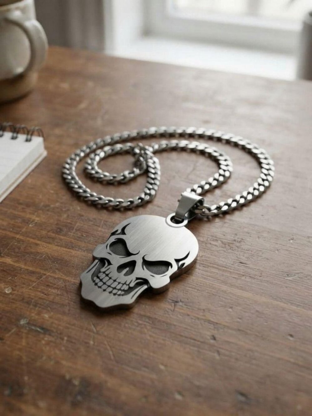 Mens stainless steel hip hop skull necklace punk rock gothic